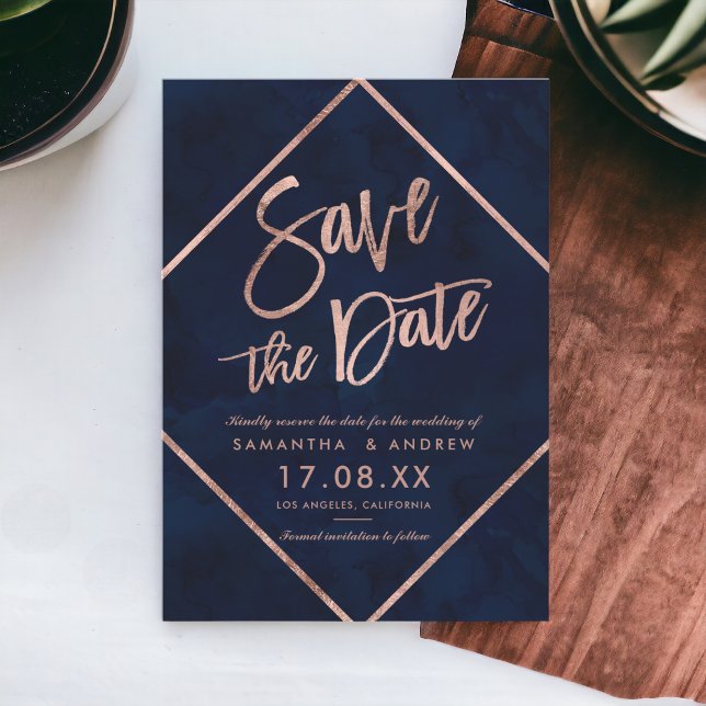 Reserve A Data Rosa dourado listras marinho casamento azul salvar (Rose gold stripes navy blue wedding save the date)