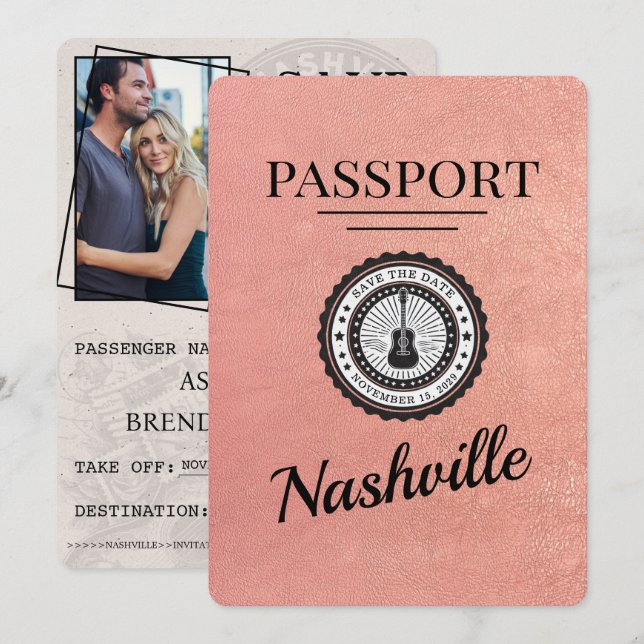 Reserve A Data Rosa Dourado Nashville Passport Salvar Data (Frente/Verso)