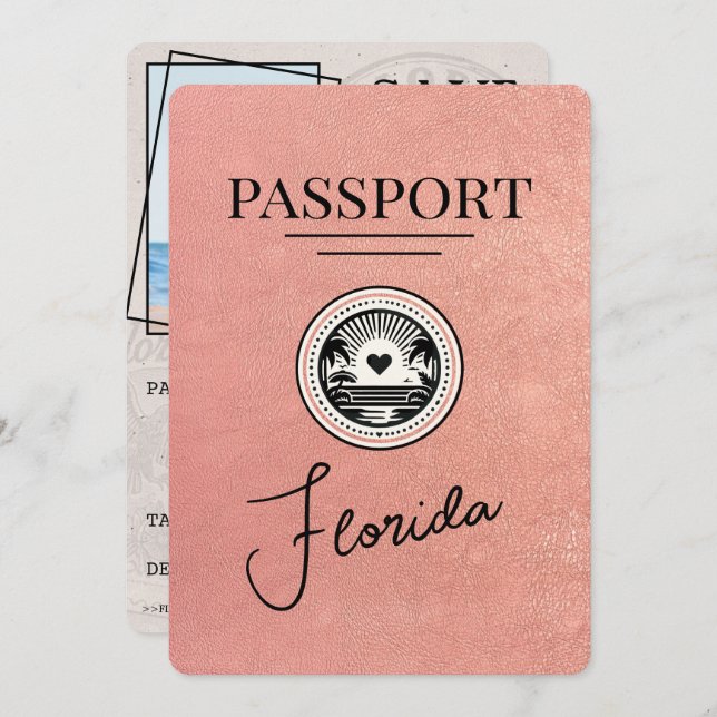 Reserve A Data Rosa Dourado Passaporte Florida Salvar a Data (Frente/Verso)
