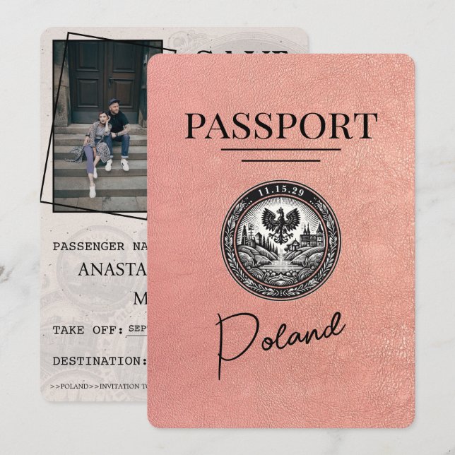 Reserve A Data Rosa Dourado Polônia Passport Salvar Data (Frente/Verso)