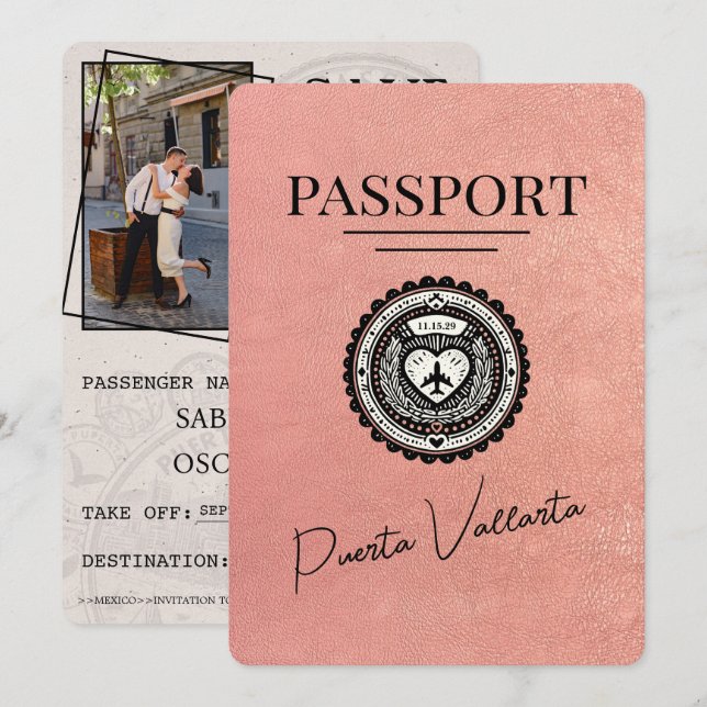 Reserve A Data Rosa Dourado Puerta Vallarta Passaporte Salvar Dat (Frente/Verso)