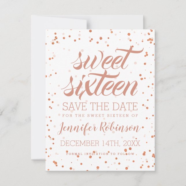 Reserve A Data Rosa Dourado Sweet 16 Save Date Sparkle Confetti (Frente)
