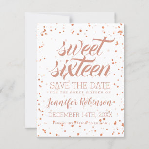 Reserve A Data Rosa Dourado Sweet 16 Save Date Sparkle Confetti