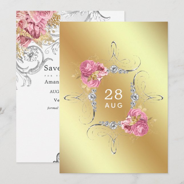 Reserve A Data Rosa e Dourado e Floral Prata Casamento de Diamant (Frente/Verso)