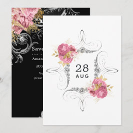 Reserve A Data Rosa e Dourado e Floral Prateado Diamante Casament
