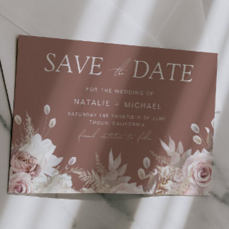 Reserve A Data Rosa Empoeirada e Boho Floral Bege Clay Casamento