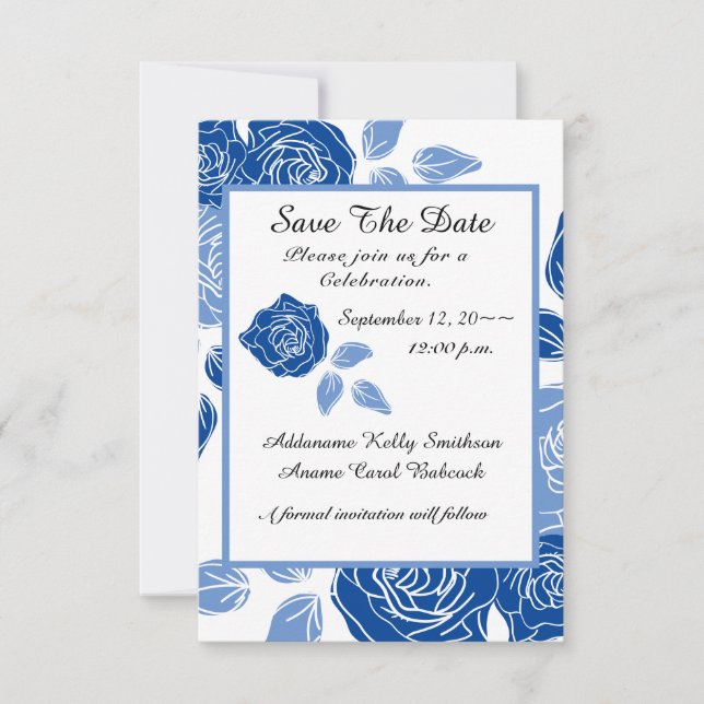 Reserve A Data Rosa Floral Azul Chic Simples Casamento (Frente)
