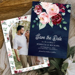 Reserve A Data Rosa Floral Borgonha Foto Azul Marinho Casamento