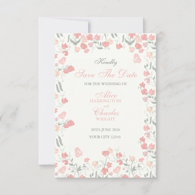Reserve A Data Rosa Floral e Creme de Ervilha doce (Frente)
