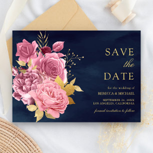 Reserve A Data Rosa Floral Empoeirado Azul Marinho Dourado Casame
