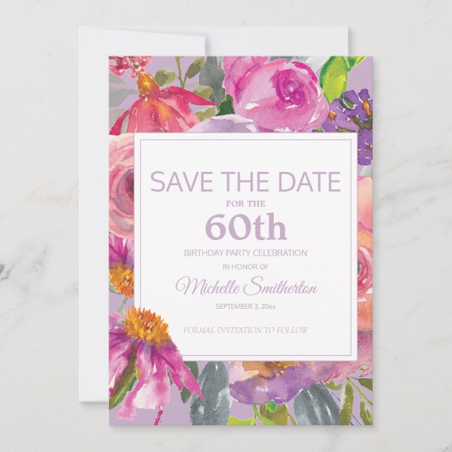 Reserve A Data Rosa Floral Purple 60º Aniversário Salvar Data (Frente)