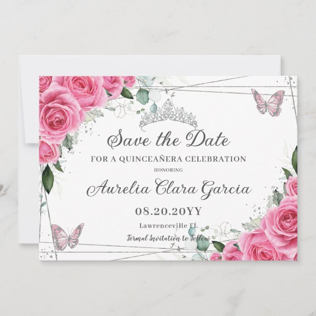Reserve A Data Rosa Fuchsia Floral Prata Quinceanera XV Doce 16 (Frente)