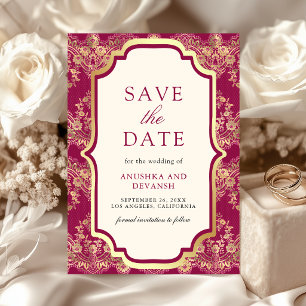 Reserve A Data Rosa Fúcsia Renda Dourada Casamento Indiano