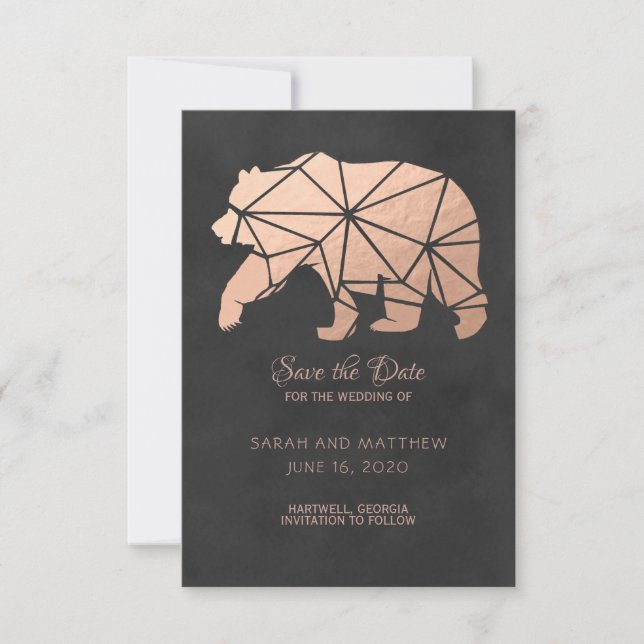 Reserve A Data Rosa Gold Foil Geo Bear Casamento Salve a Data (Frente)