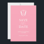 Reserve A Data Rosa Moderno Salvar a Data<br><div class="desc">Anuncie o seu noivado com estes convites minimalistas de "save the date" para o casamento. Eles apresentam uma mistura de tipografia clássica e manuscrita em branco sobre um fundo cor-de-rosa trendy com um brasão monograma no topo. Use os campos do modelo para personalizar com seu nome e data de casamento....</div>