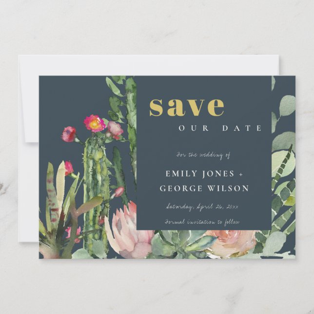 RESERVE A DATA ROSA NAVAL FLORAL CACTO DESÉRTICO FOLHAGEM AQUAREL (Frente)