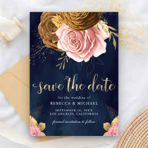 Reserve A Data Rosa Poeira Terrosa Floral Azul Marinho Casamento