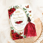 Reserve A Data Rosa vermelha Floral Princesa Vestido Dourado Quin<br><div class="desc">Personalize este bonito aniversário vermelho Quinceañera / Sweet 16, salve a data fácil e rapidamente. Basta clicar no botão personalizar para editar os textos, alterar as fontes e as cores das fontes. Apresentando uma garota vestida com um lindo vestido de bola vermelha, rosas vermelhas vibrantes, borboletas e um espaço oval...</div>