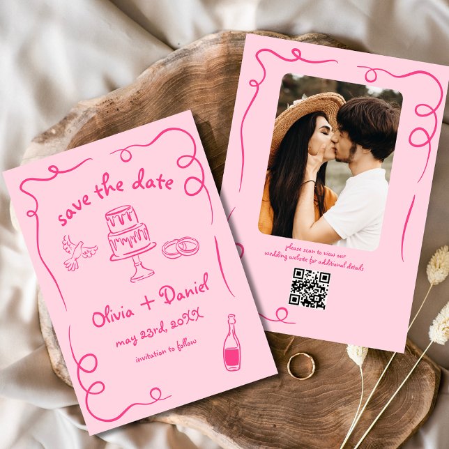 Reserve A Data Rosa Vibrante Foto de Casamento Desenhada à Mão Ca (Criador carregado)