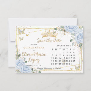 Reserve A Data Rosas Azuis Bebê Floral Dourado Calendário Quincea