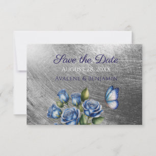 Reserve A Data Rosas Azuis Elegantes Borboleta Casamento Prata