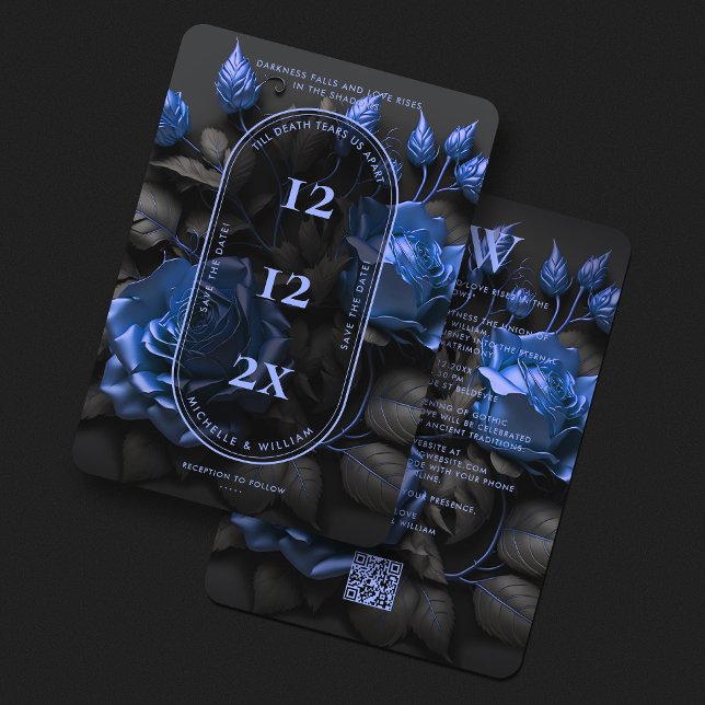 Reserve A Data Rosas Azuis Escuras Góticas Elegantes Casamento  (Gothic Boho Navy Blue Floral Simple Wedding Save The Date
)