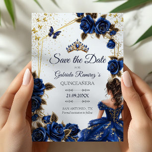 Reserve A Data Rosas Azul Marinho Tiara Dourada Quinceañera