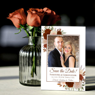 Reserve A Data Rosas Boho em Aquarela Laranja Ferrugem & Foto Cas