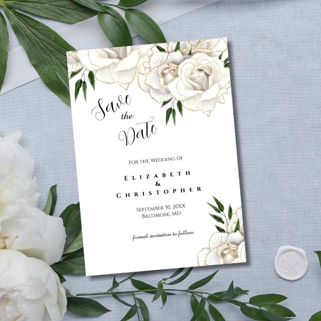 Reserve A Data Rosas Brancas com Corte Dourado Elegante Casamento (White Rose Gold Trim Elegant Wedding Save the Date Card. Printed or Digital Instant download)
