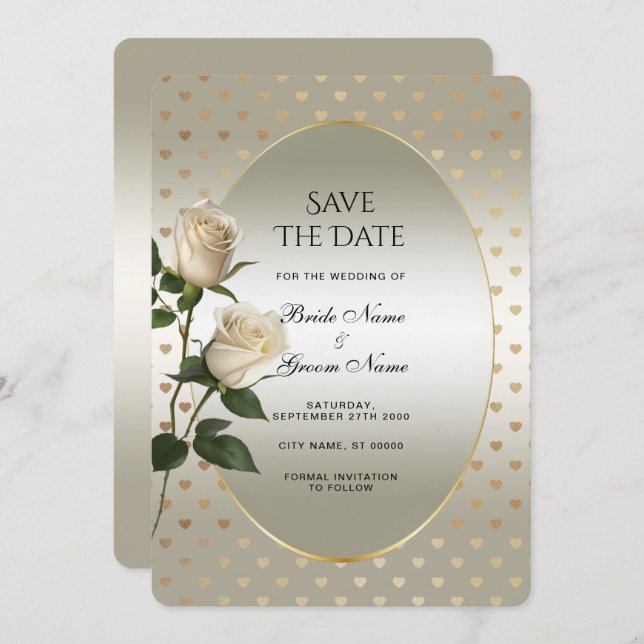 Reserve A Data Rosas Brancas Corações Dourados Salvem A Data (Frente/Verso)