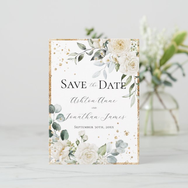 Reserve A Data Rosas Brancas Douradas Elegantes Casamento Moderno (Em pé/Frente)