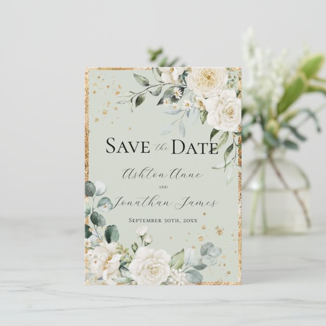 Reserve A Data Rosas Brancas Douradas Elegantes Casamento Moderno (Em pé/Frente)