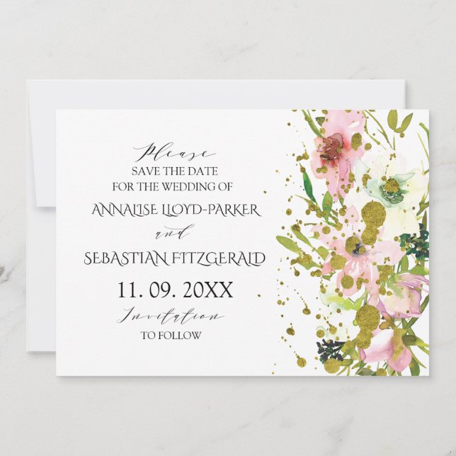 Reserve A Data Rosas brancas e Blush com casamentos dourados (Verso)