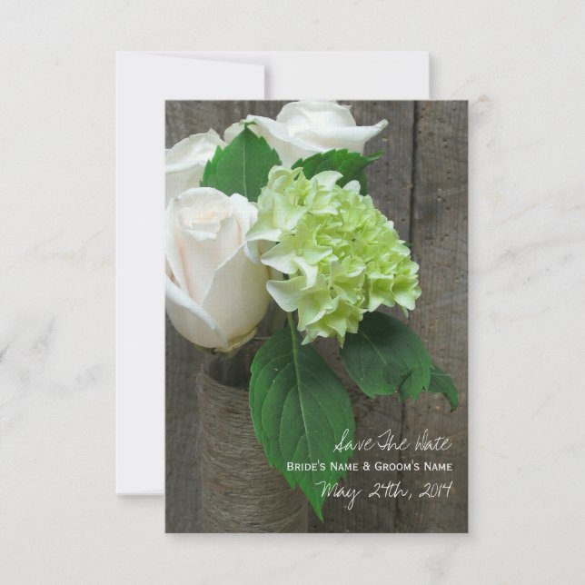 Reserve A Data Rosas brancas Hydrangea & Barnwood Salvem a data (Frente)