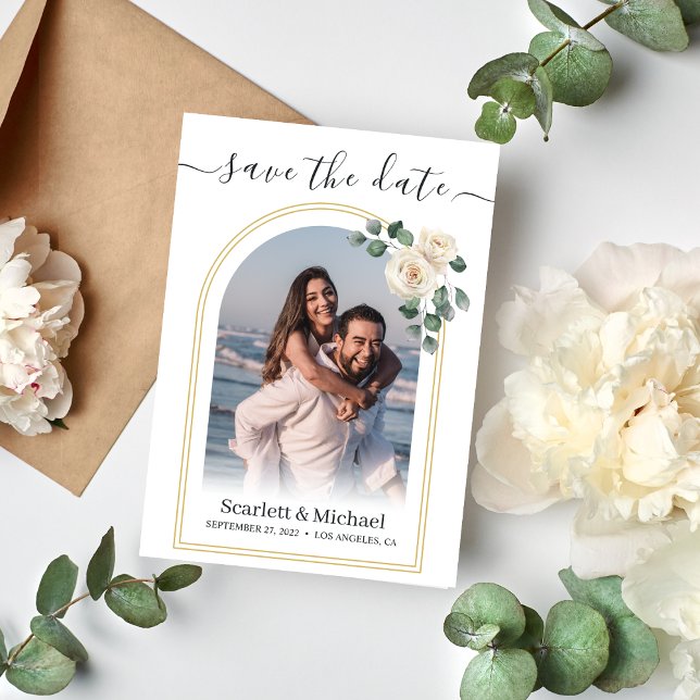 Reserve A Data Rosas Brancas Primavera Floral Romântico Casamento (Flat lay simple unique modern typography watercolor white roses garden elegant wedding save the date)
