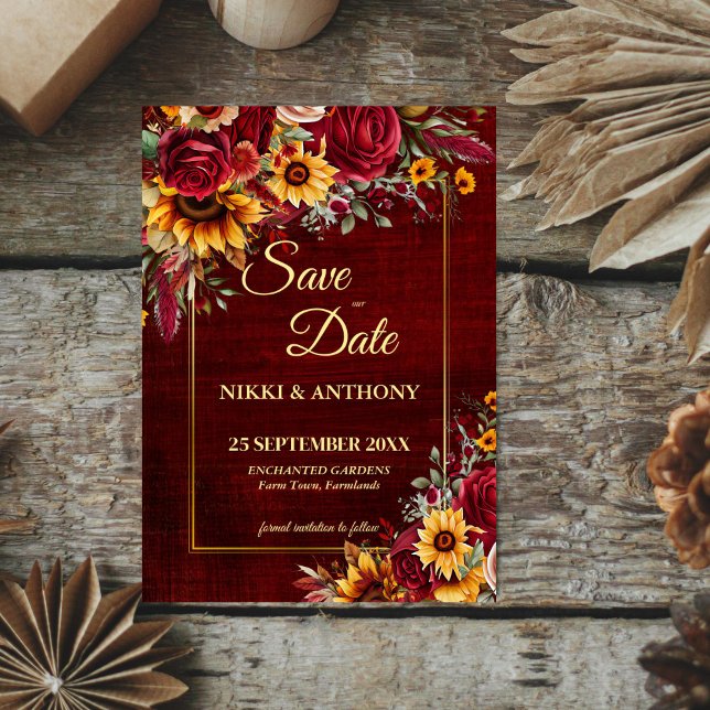 Reserve A Data rosas-burgundo-casamento outono girassóis amarelos (Fall wedding burgundy roses yellow sunflowers save the date qr website template digital download)