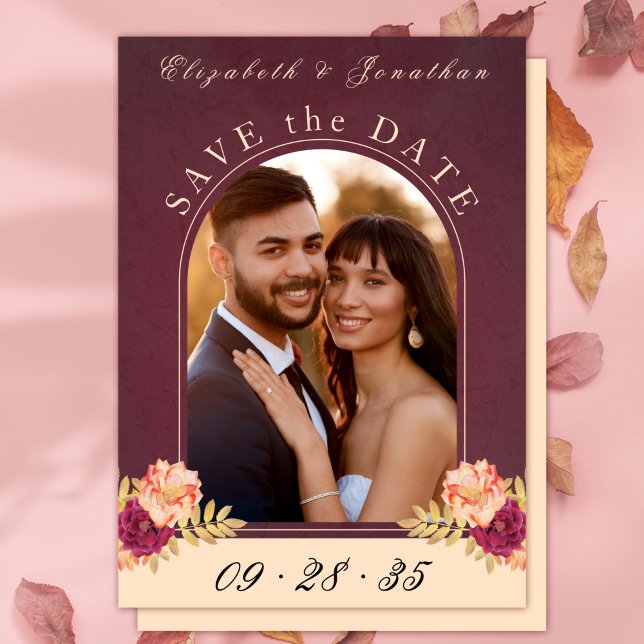 Reserve A Data Rosas Burgundy Boho Foto Casamento Salvar Data (Burgundy Roses Boho Photo Wedding Save the Date)