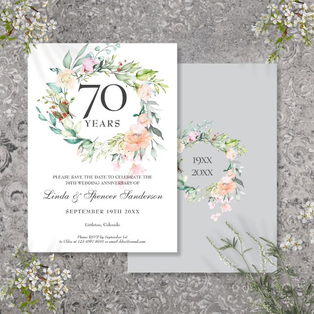 Reserve A Data Rosas da 70ª Aniversário de Casamento Grinalda Flo (70th Wedding Anniversary Roses Floral Garland Save The Date)