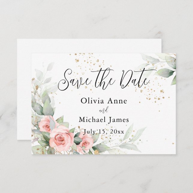 Reserve A Data Rosas de Aguarela com Rubor Rosa Salve a Data (Frente/Verso)