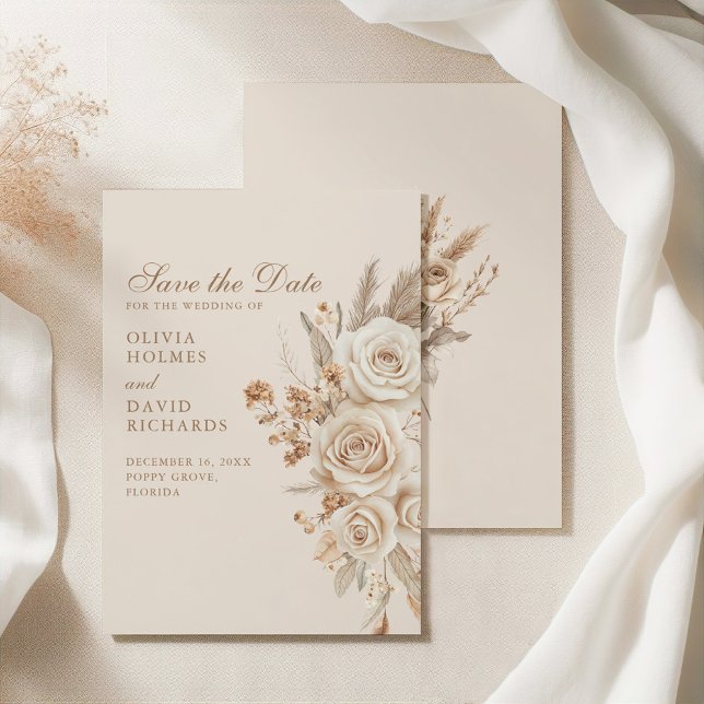 Reserve A Data Rosas de Marfim Neutro Salvar a Data (Boho Beige Dried Flowers and Roses Wedding Save The Date on an elegant silky tablecloth)