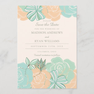 Reserve A Data Rosas de Pêssego Elegante Mint Floral Salvar a Dat