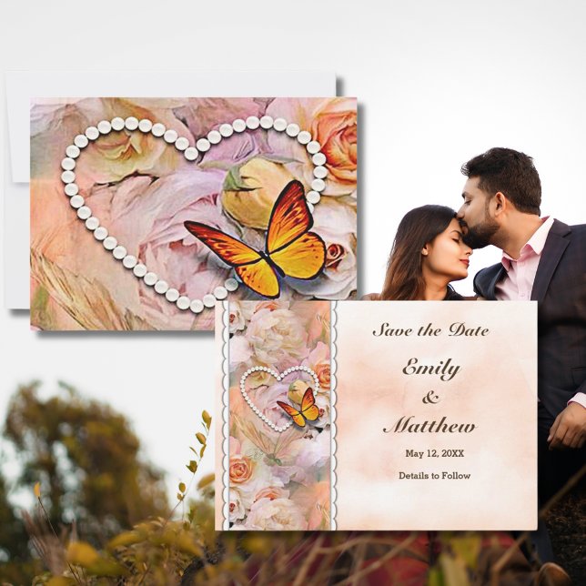 Reserve A Data Rosas de Serenidade Floral Cardíaca da Borboleta (Heart Pearls Floral Orange Roses Butterflies Save The Date Summer Wedding Engagement Happy Couple)