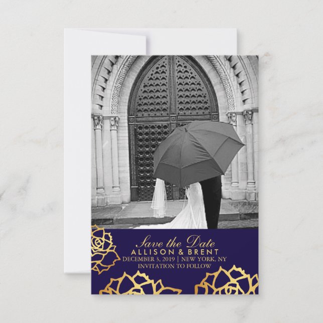 Reserve A Data Rosas do ouro Salve a data - Azul (Frente)