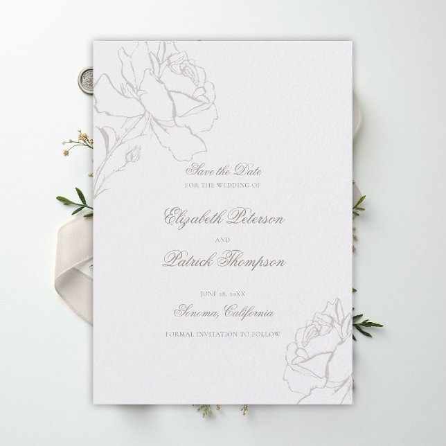 Reserve A Data Rosas Em Relevo Falso Pérola Formal Clássico Casam (ethereal wedding theme white save the date formal traditional modern classic floral roses elevated)