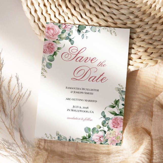 Reserve A Data Rosas Florais em Aquarela Rosa (Pink Roses and Eucalyptus Greenery)
