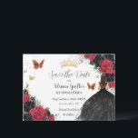 Reserve A Data Rosas Negra Princesa Dourada Quinceañera<br><div class="desc">Personalize este bonito aniversário de Quinceañera, vermelho e negro, Quinceañera / Sweet 16, salve a data fácil e rapidamente. Basta clicar no botão personalizar para editar os textos, alterar as fontes e as cores das fontes. Apresentando uma garota vestida com um lindo vestido de bola preto, rosas vibrantes, vermelhos e...</div>