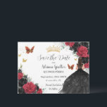 Reserve A Data Rosas Negra Princesa Dourada Quinceañera<br><div class="desc">Personalize este bonito aniversário de Quinceañera, vermelho e negro, Quinceañera / Sweet 16, salve a data fácil e rapidamente. Basta clicar no botão personalizar para editar os textos, alterar as fontes e as cores das fontes. Apresentando uma garota vestida com um lindo vestido de bola preto, rosas vibrantes, vermelhos e...</div>