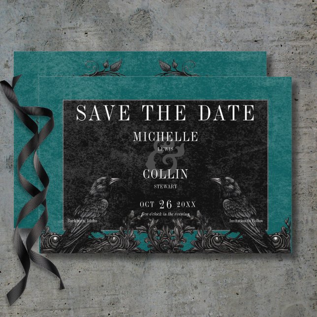 Reserve A Data Rosas Negras Gótica Casamento Teal (Gothic Black Raven & Black Roses Teal Wedding Save Save The Date Card)