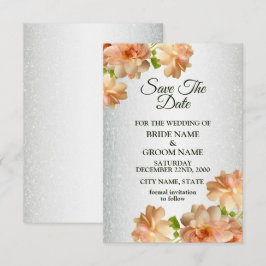 Reserve A Data Rosas Pêssego Floral Prata Brilho Elegante Casamen