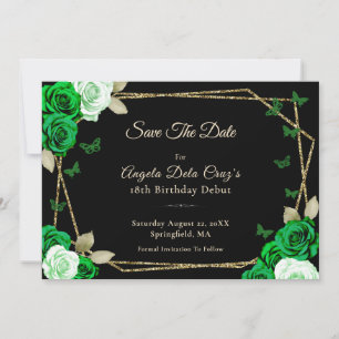 Reserve A Data Rosas Pretas Elegantes Douradas e Verdes Debut de 